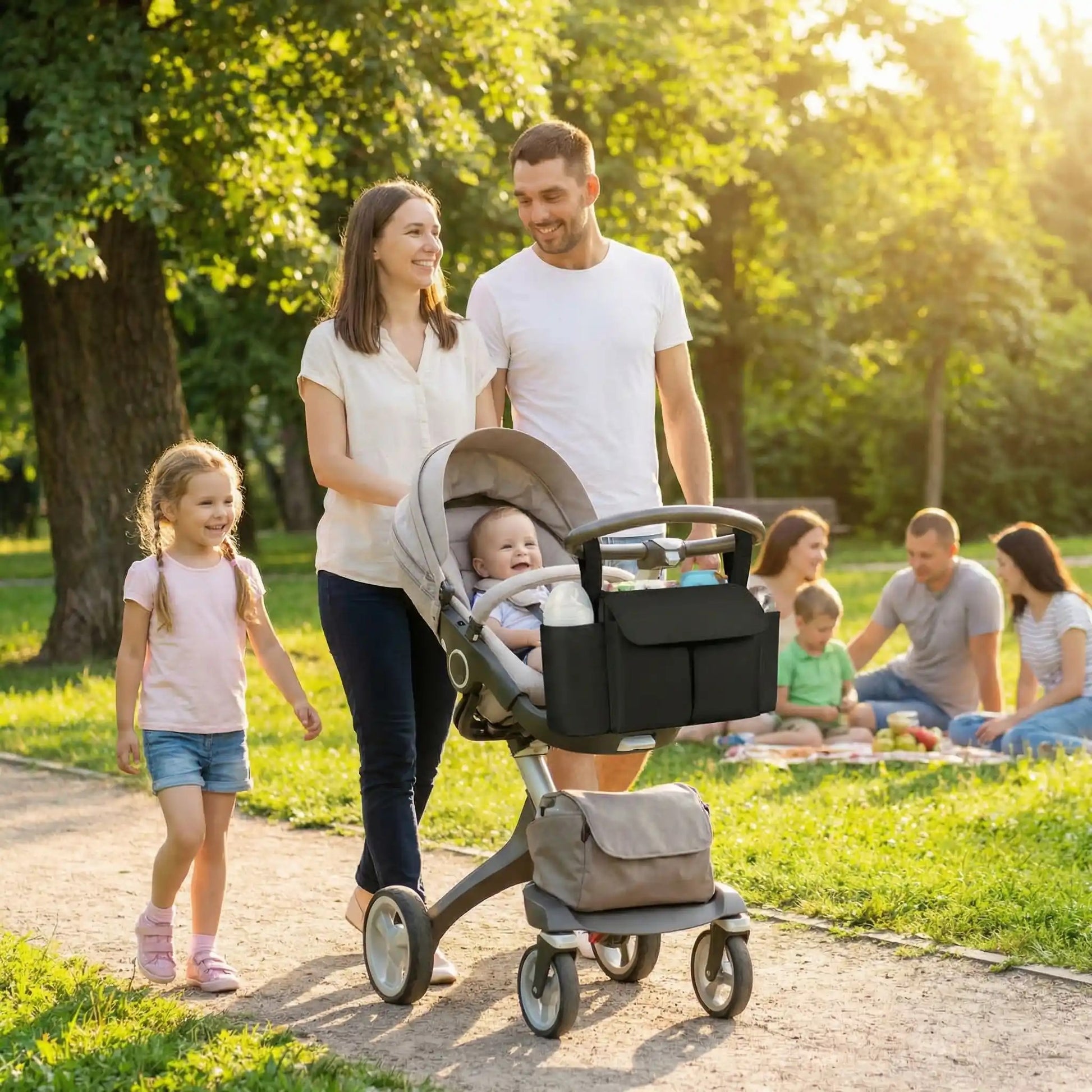 promenade en famille avec bébé et le sac a langer poussette ataché à la poussette