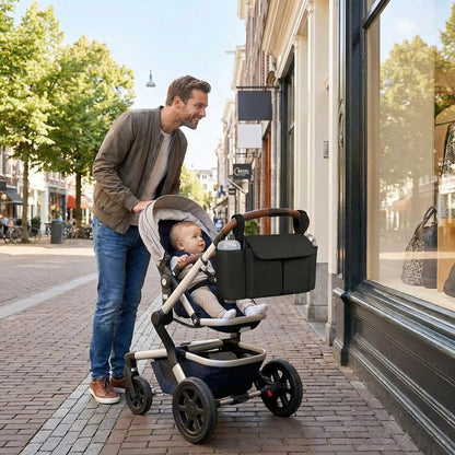 papa en ville avec bébé et le sac a langer poussette atache à la poussette
