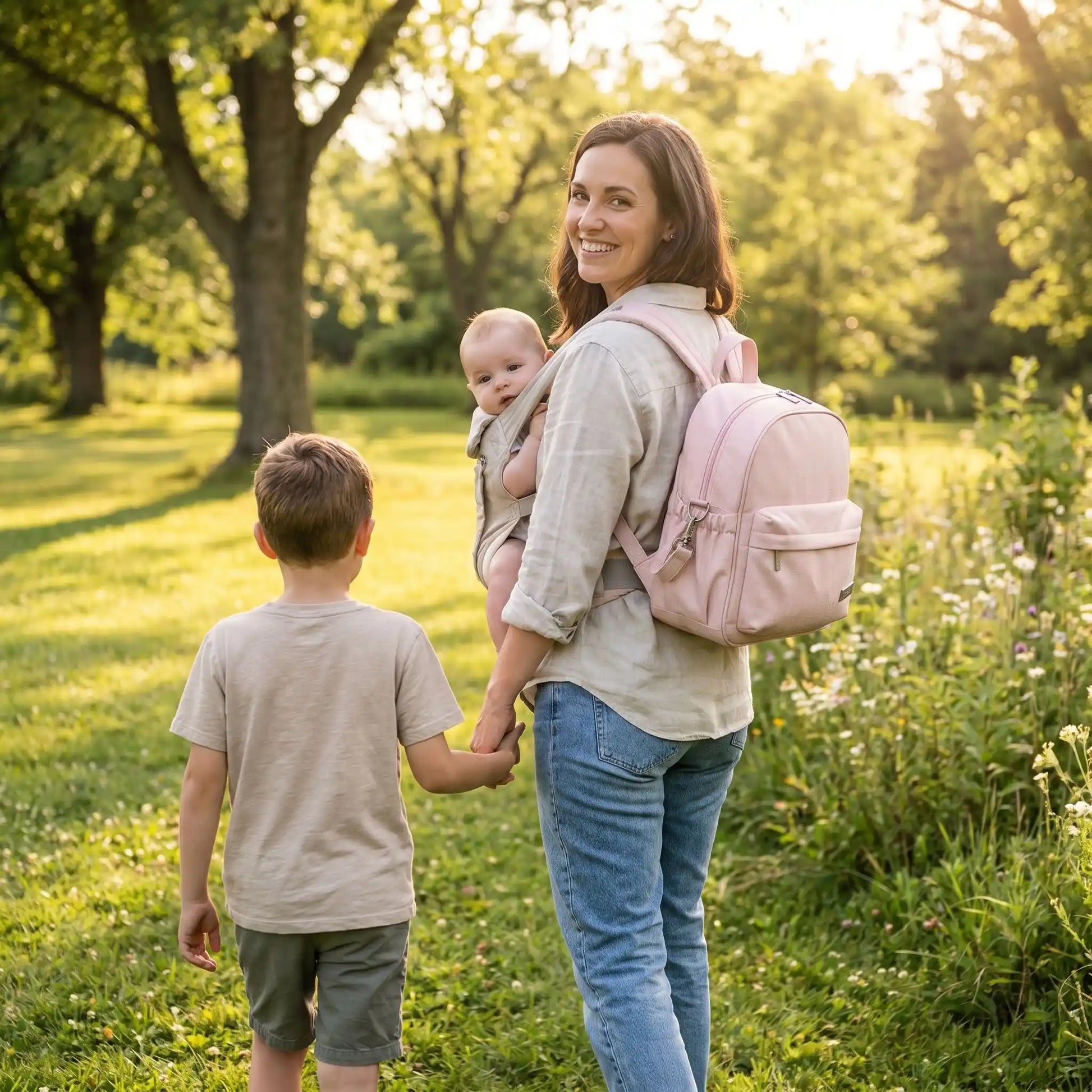 maman porte le sac a langer rose en promenade
