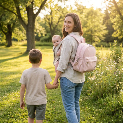 maman porte le sac a langer rose en promenade