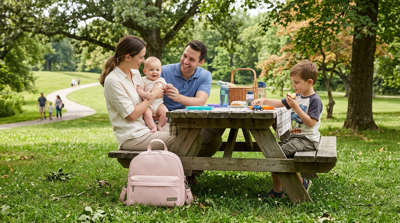 sortie au parc en famille et le sac a langer rose posé sur le gazon