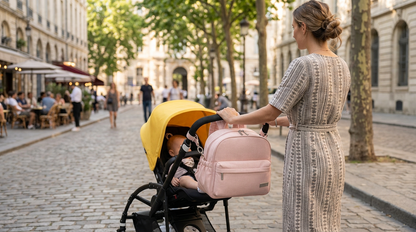 sac a langer rose attaché à la poussette