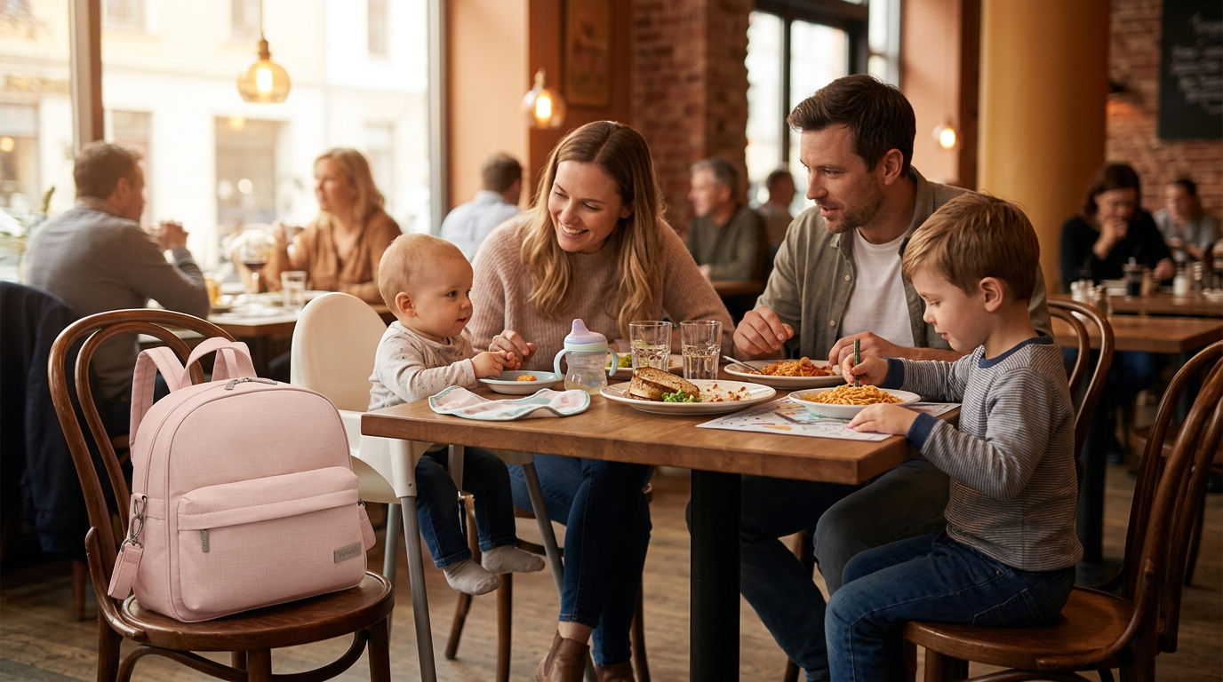 sortie au restaurant et le sac a langer rose sur la chaise