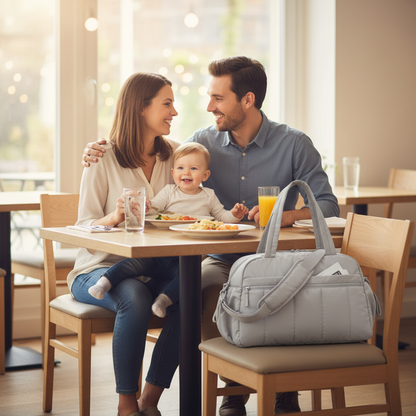 papa et maman au restaurant avec bébé et son sac a langer