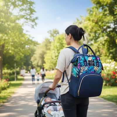 bébé dans sa poussette et maman porte le sac a langer
