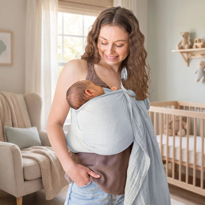 maman porte bébé endormi dans son sling echarpe de portage à la maison