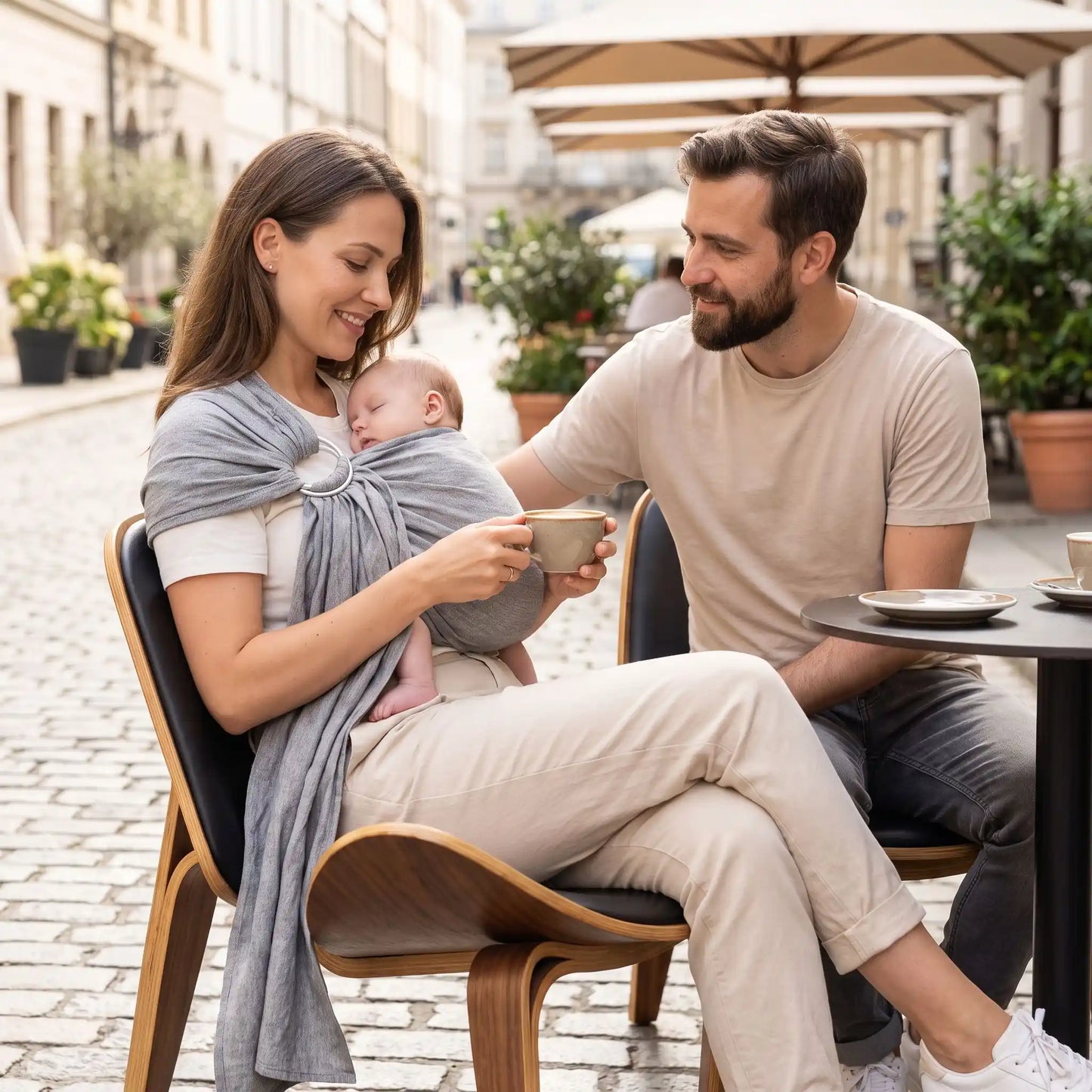 maman prend un café avec papa et son bébé endormi dans son sling echarpe de portage