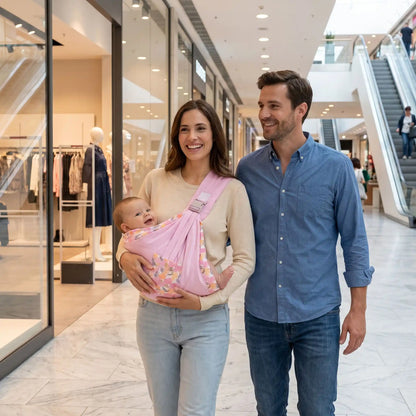 maman porte bébé dans son sling echarpe de portage et se promène avec papa au centre commercial