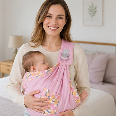 maman se promène et porte bébé dans son sling echarpe de portage rose