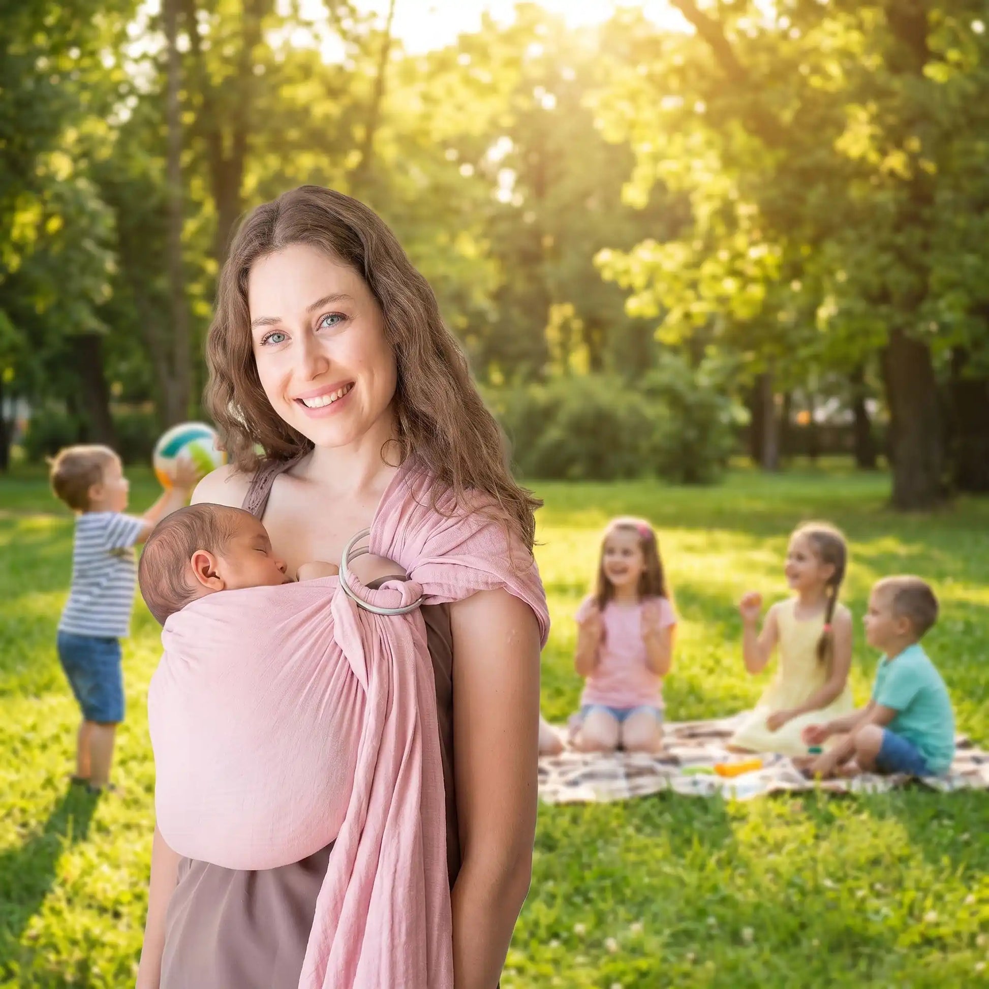 maman au parc et son bébé endormi dans son sling echarpe de portage rose
