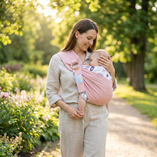 maman porte bébé dans son sling echarpe de portage et se promèe au parc