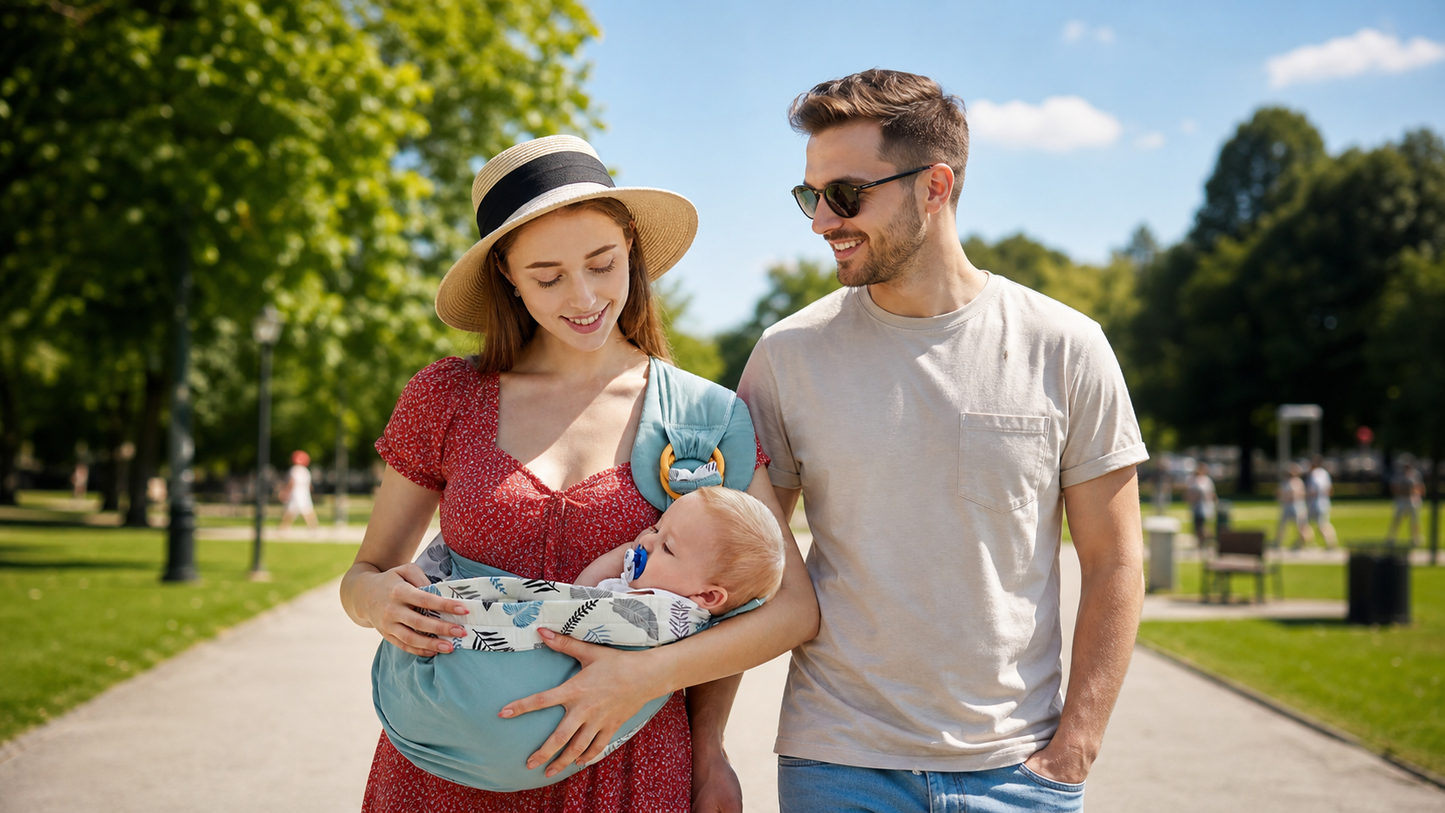 maman porte bébé dans son sling echarpe de ortage et se promèe avec papa