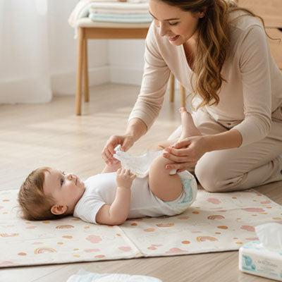 bébé heureux sur son tapis à langer
