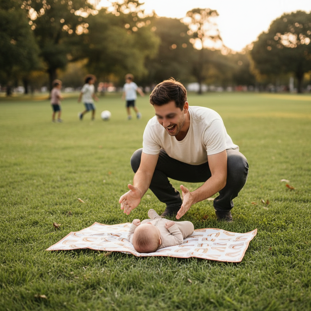 papa change bébé sur son tapis à langer au parc