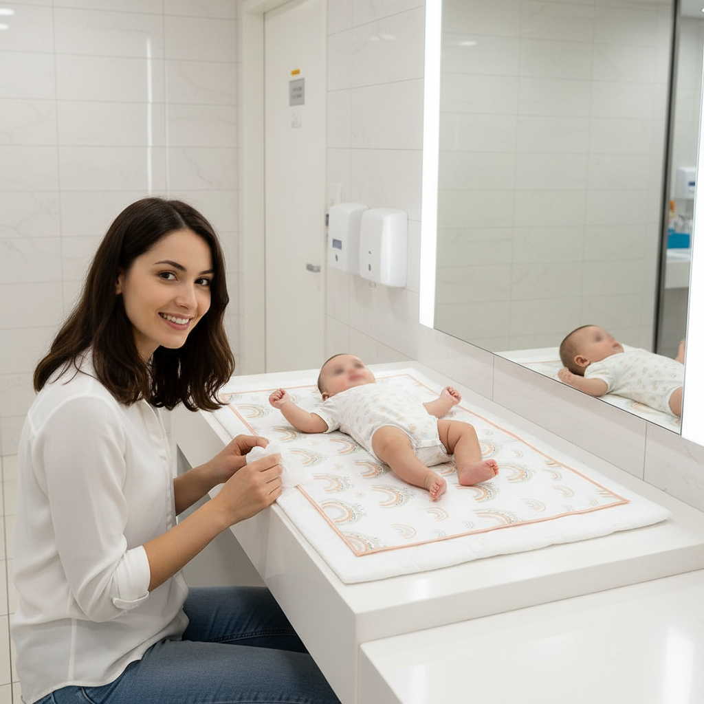 maman change bébé sur son tapis à langer au restaurant