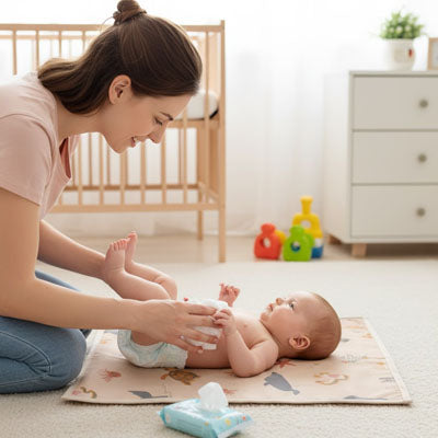 maman change bébé sur son tapis à langer nomade ocean