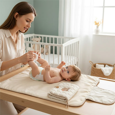 maman change son bébé sur le tapis à langer nomade