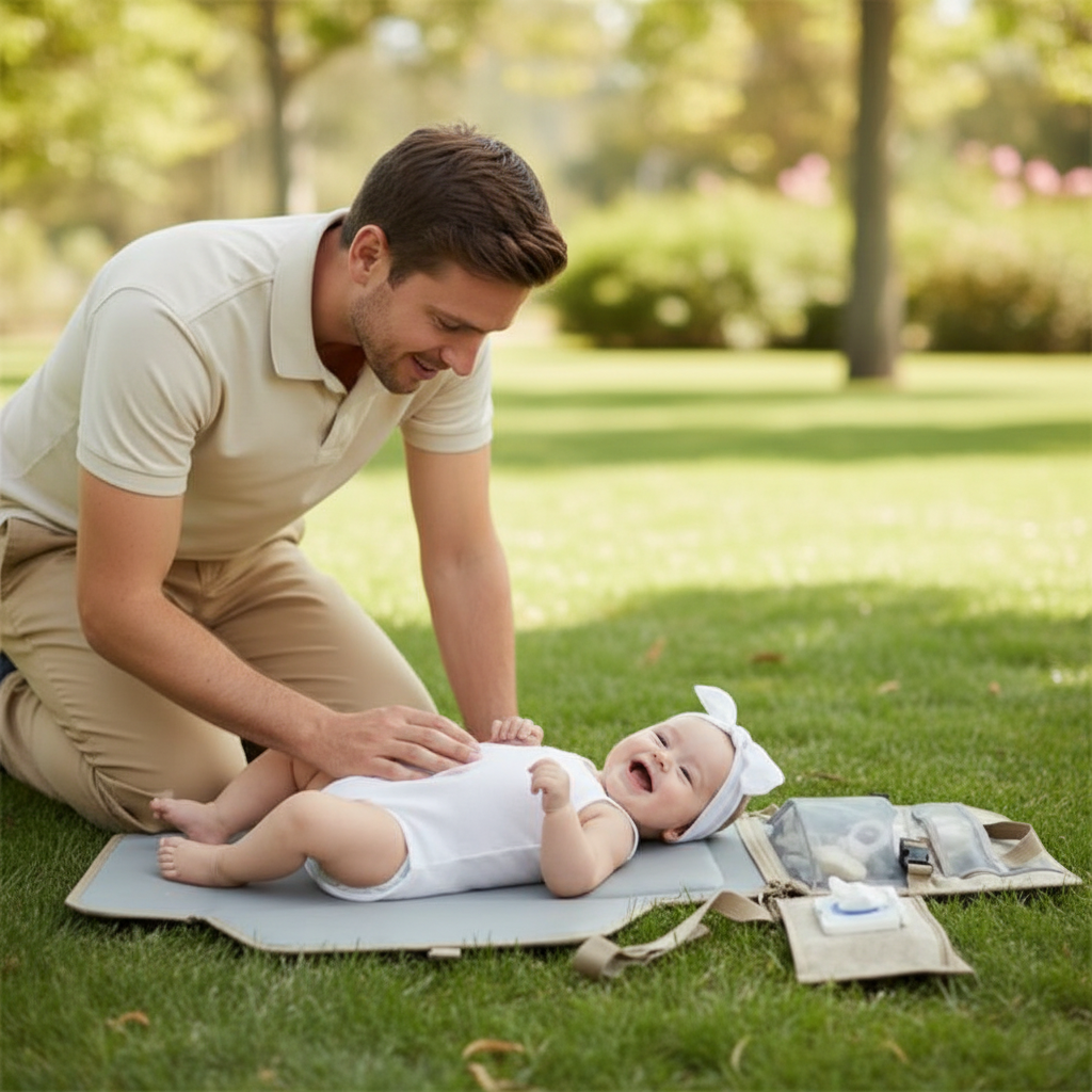 papa joue avec bébé sur son tapis à langer nomade
