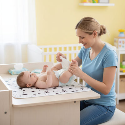 Maman change bébé sur son tapis à langer nomade