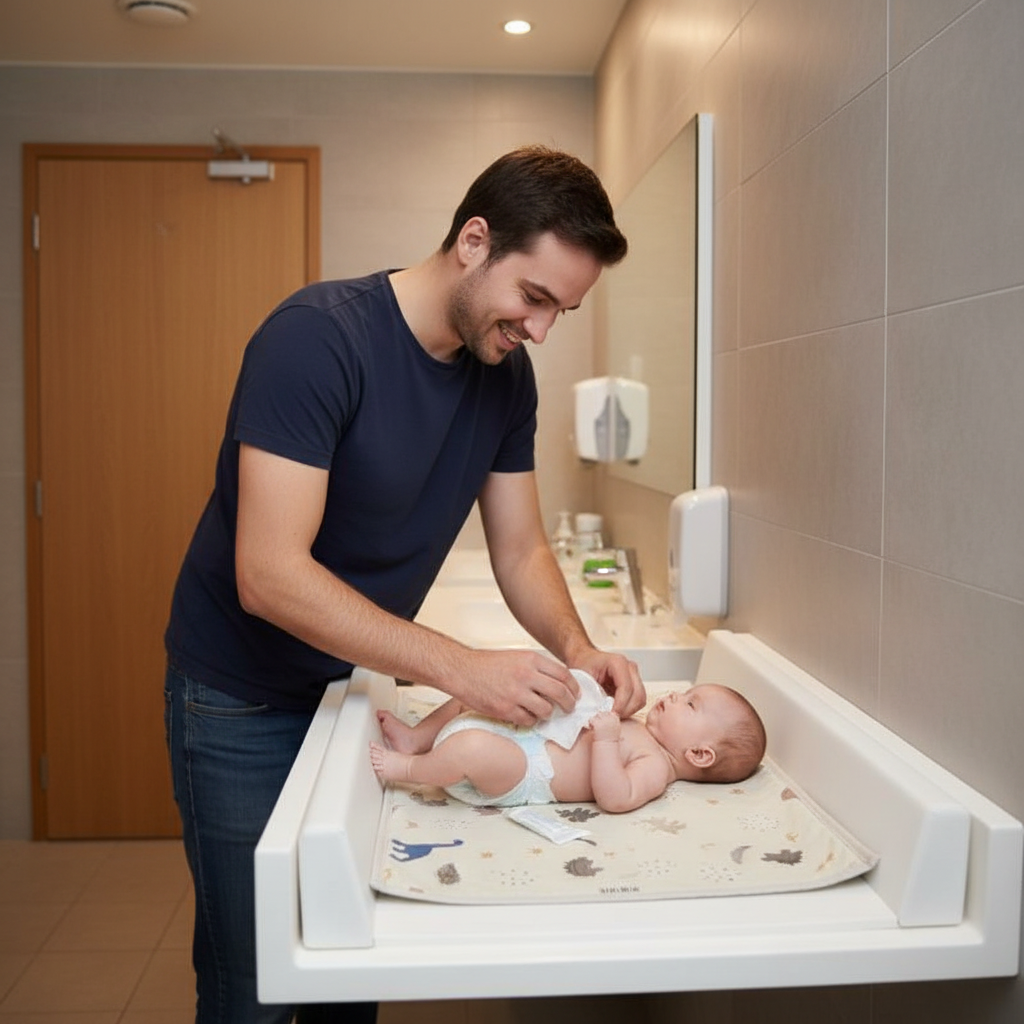 papa change bébé sur son tapis à langer nomade au restaurant