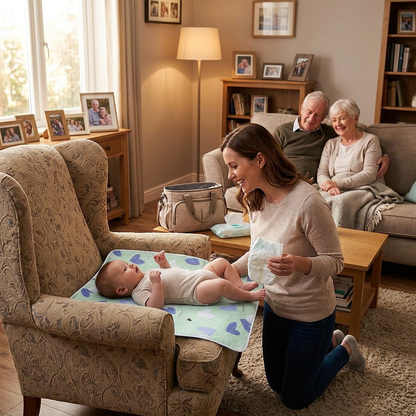 maman change bébé chez les grands parents sur son tapis à langer nomade