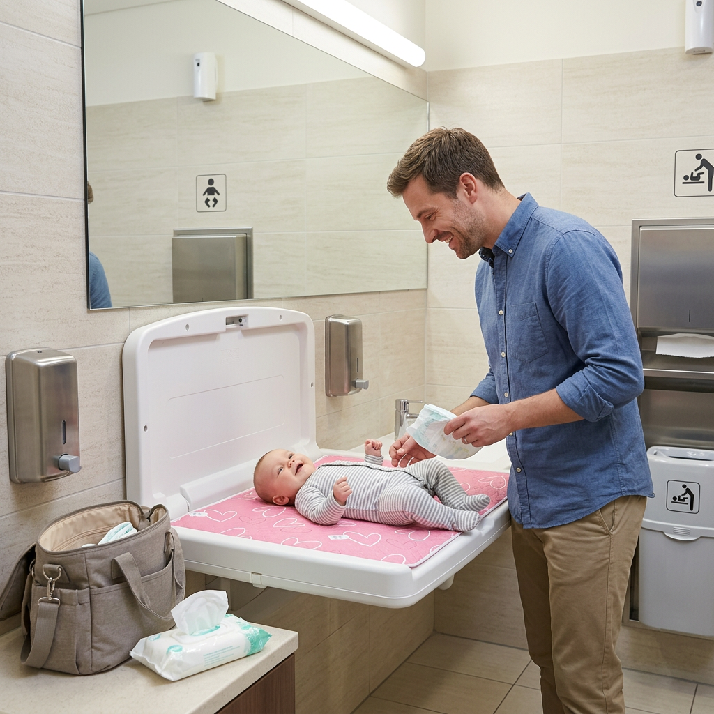 papa change bébé sur son tapis à langer nomade