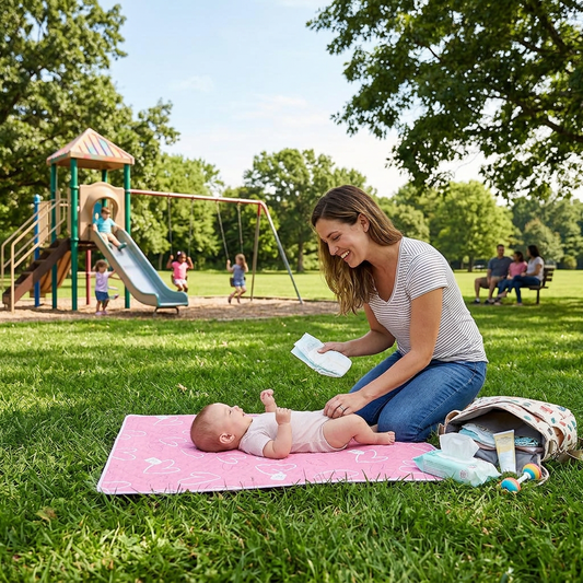 maman change bébé au parc sur son tapis à langer nomade