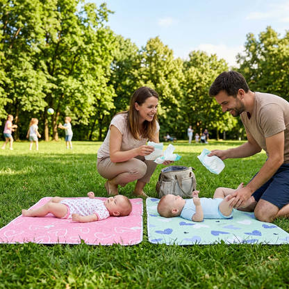 maman et papa changent les jumeaux au parc sur leur tapis à langer nomade