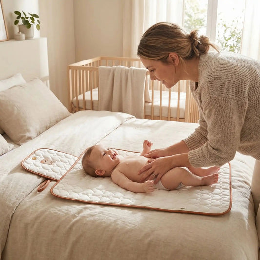 maman change bébé sur son tapis à langer nomade