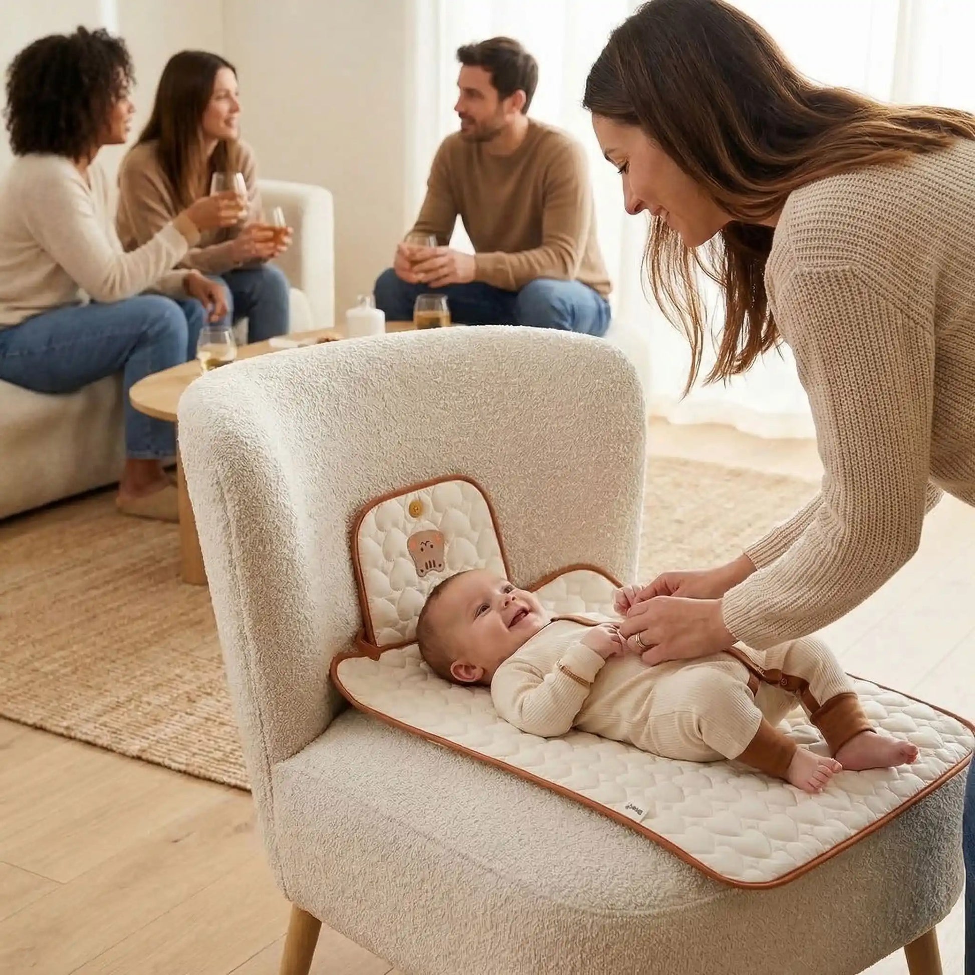 bébé chez des amis de la famille et maman le change sur son tapis à langer nomade