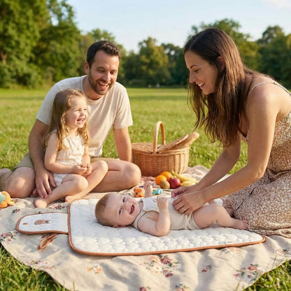 bébé en famille au parc et maman le change sur son tapis à langer nomade
