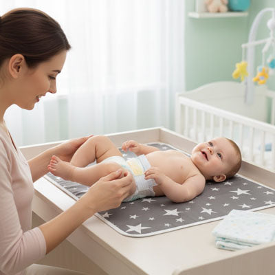 bébé souriant sur son tapis à langer nomade