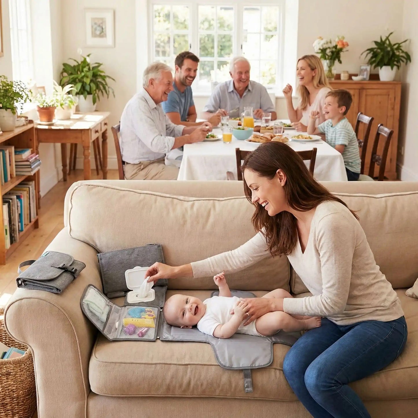 maman change bébé sur son tapis à langer nomade chez les grands parents