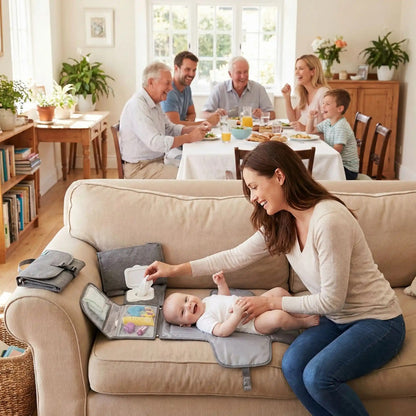 maman change bébé sur son tapis à langer nomade chez les grands parents