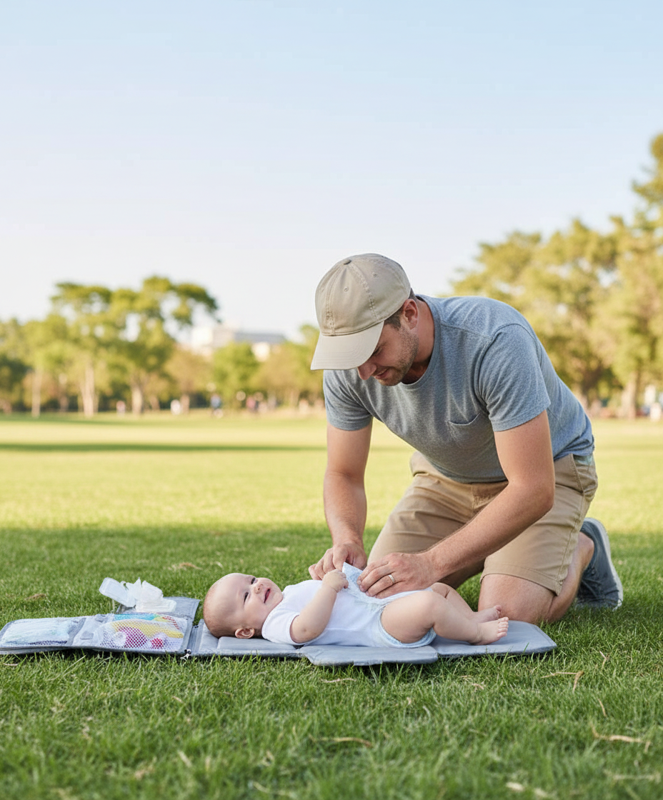 papa change bébé sur son tapis à langer nomade