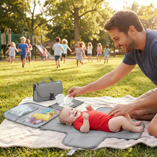 papa change bébé au parc sur son tapis à langer nomade