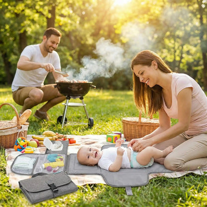 maman change bébé au parc sur son tapis à langer nomade