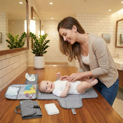 maman change bébé aux toilettes d'un restaurant sur son tapis à langer nomade