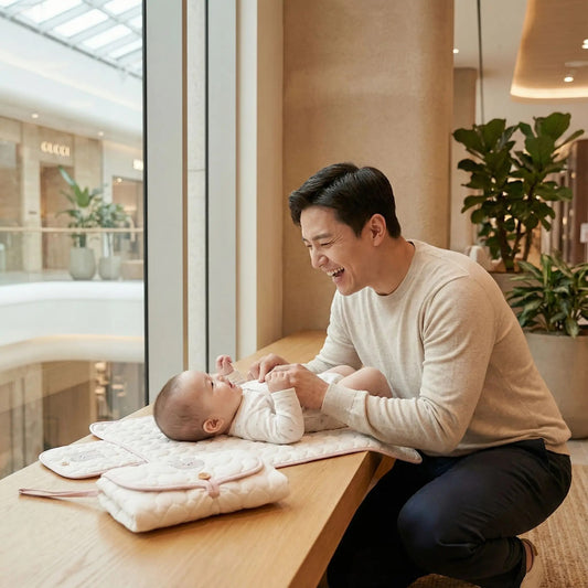 Papa change bébé sur son tapis à langer nomade