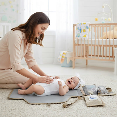 maman change bébé sur son tapis a langer nomade