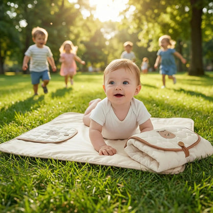 bébé souriant allongé sur son tapis à langer nomade