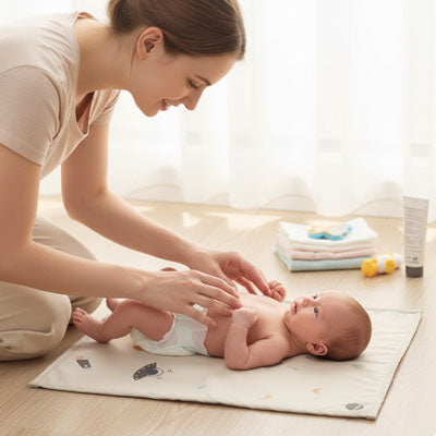 maman change bébé sur son tapis à langer nomade 