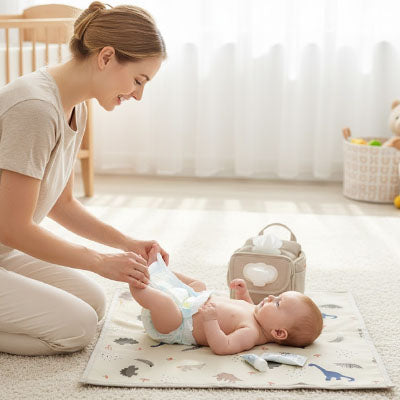 maman change bébé sur son tapis à langer nomade planète