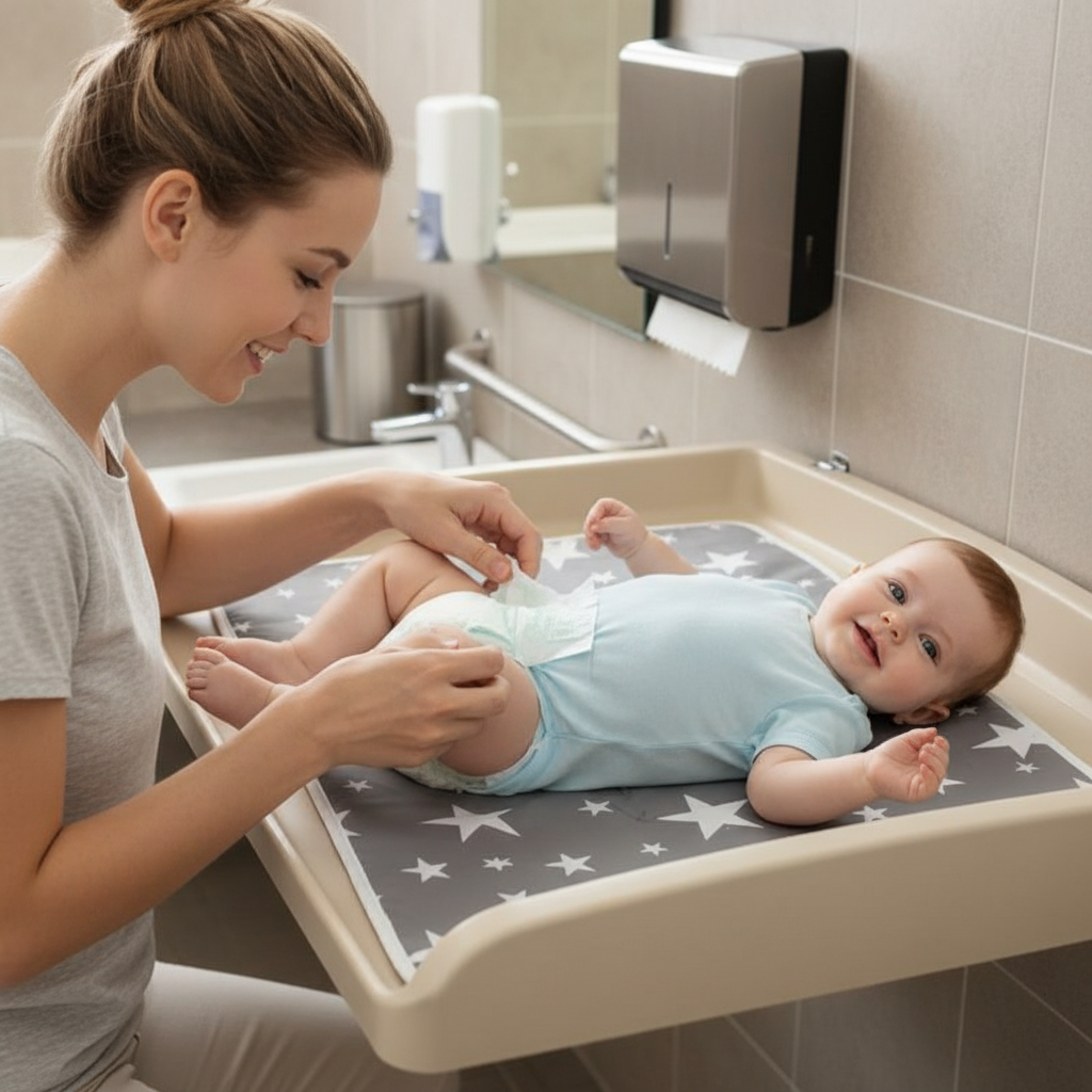 maman change bébé au restaurant sur son tapis à langer nomade