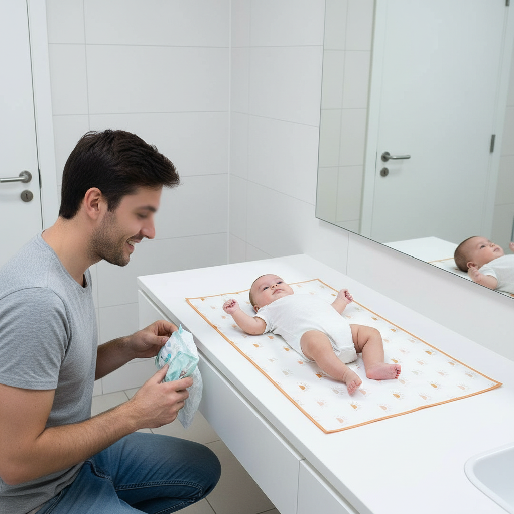 papa change bébé sur son tapis à langer au restaurant