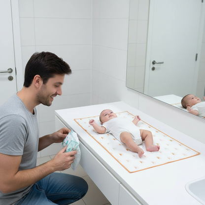 papa change bébé sur son tapis à langer au restaurant