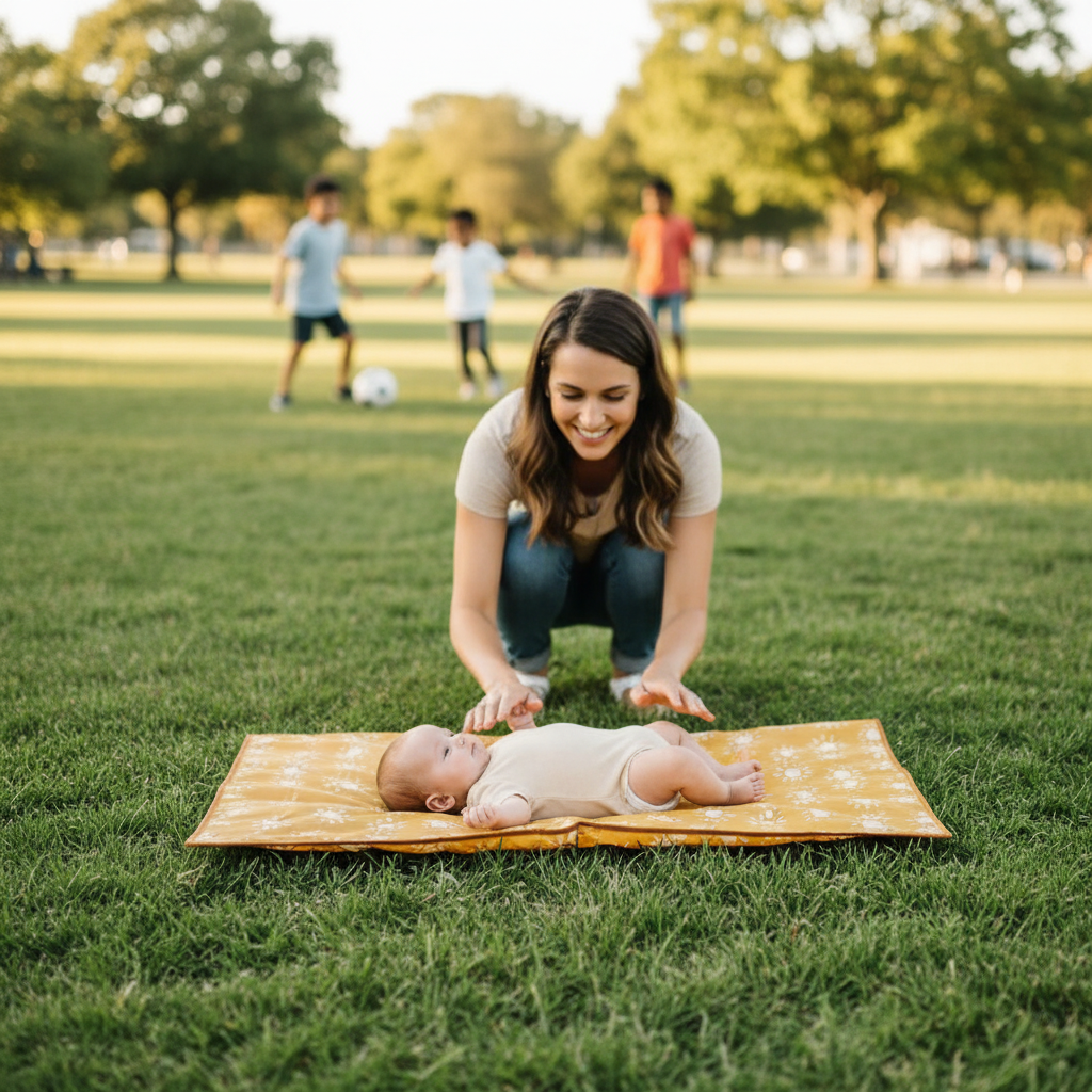 maman change bébé sur son tapis à langer au parc