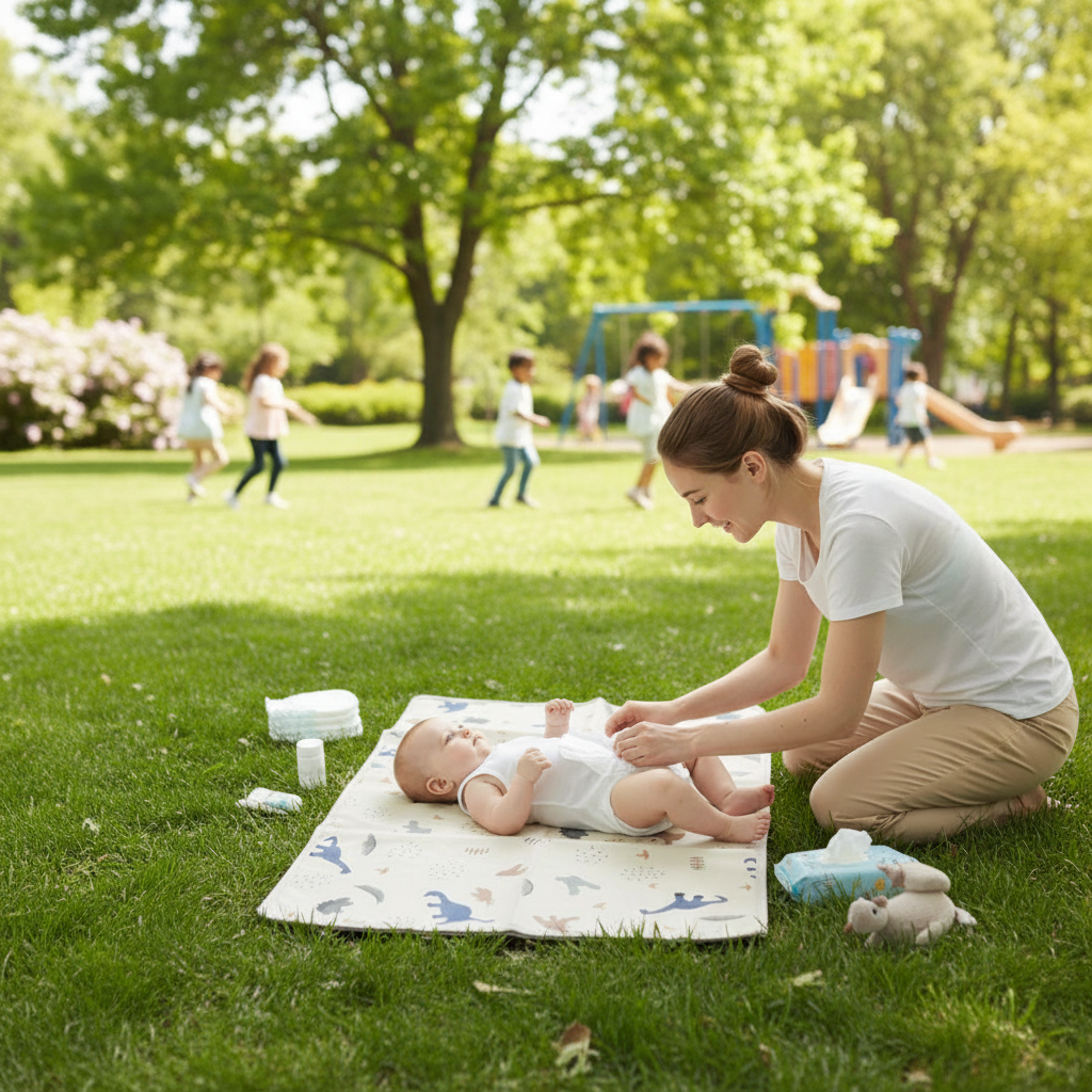 maman change bébé au parc sur son tapis à langer