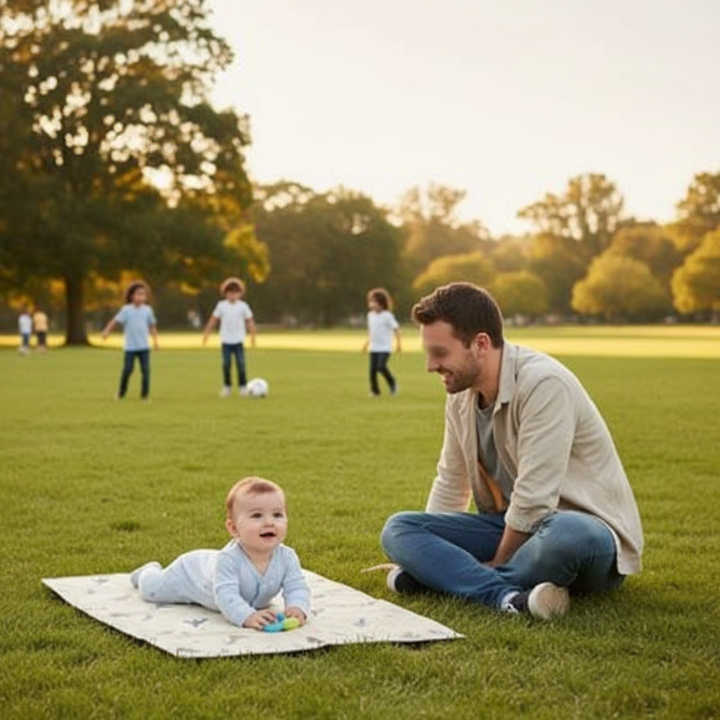 Papa et bébé au parc avec le joli tapis à langer